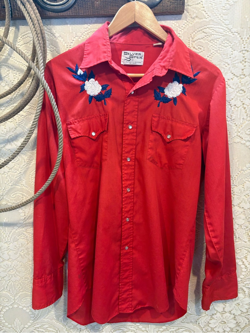 Vintage Red Western Button-Down Shirt with White Floral Embroidery